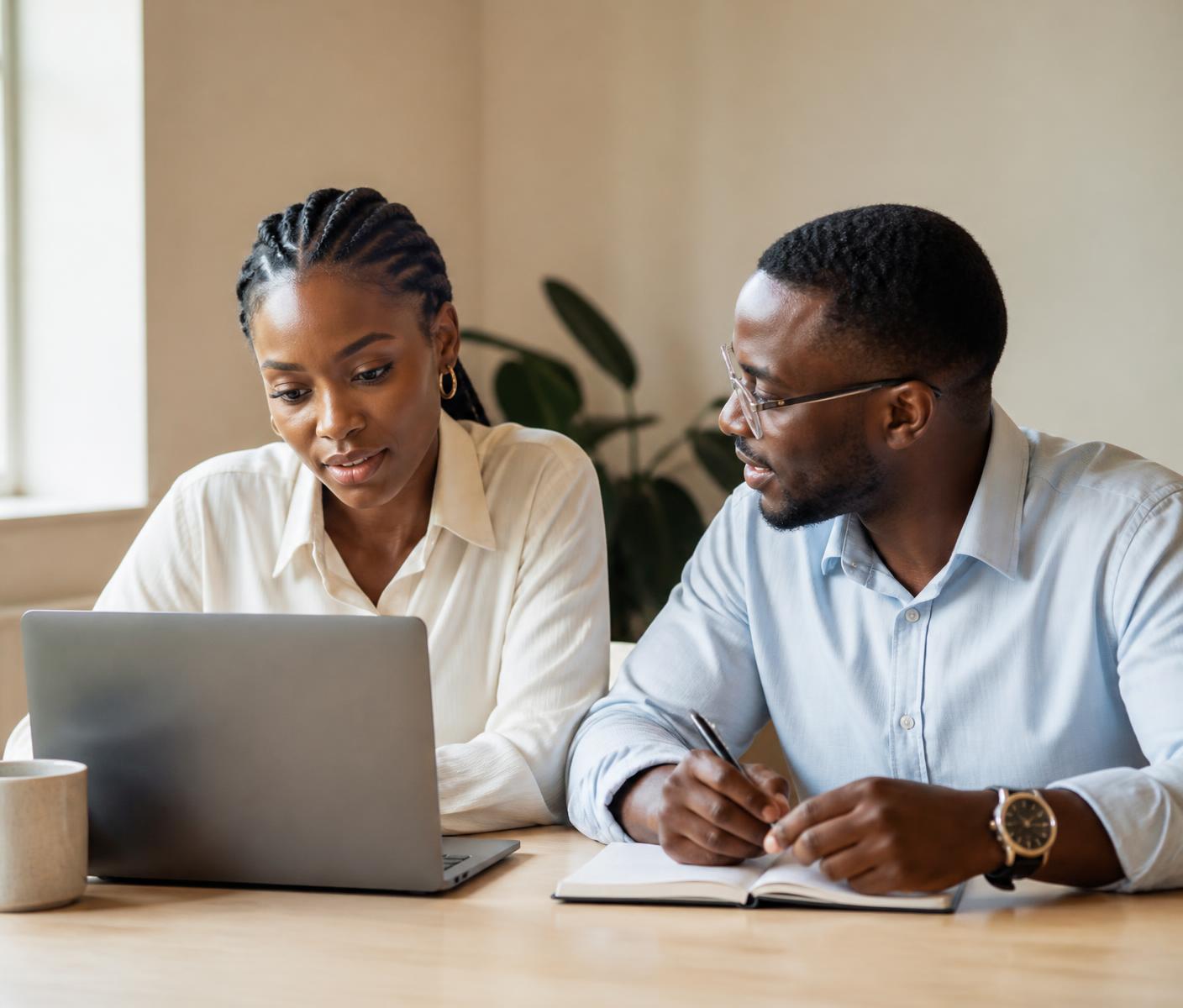 Two young African professionals reviewing referral earnings on a laptop