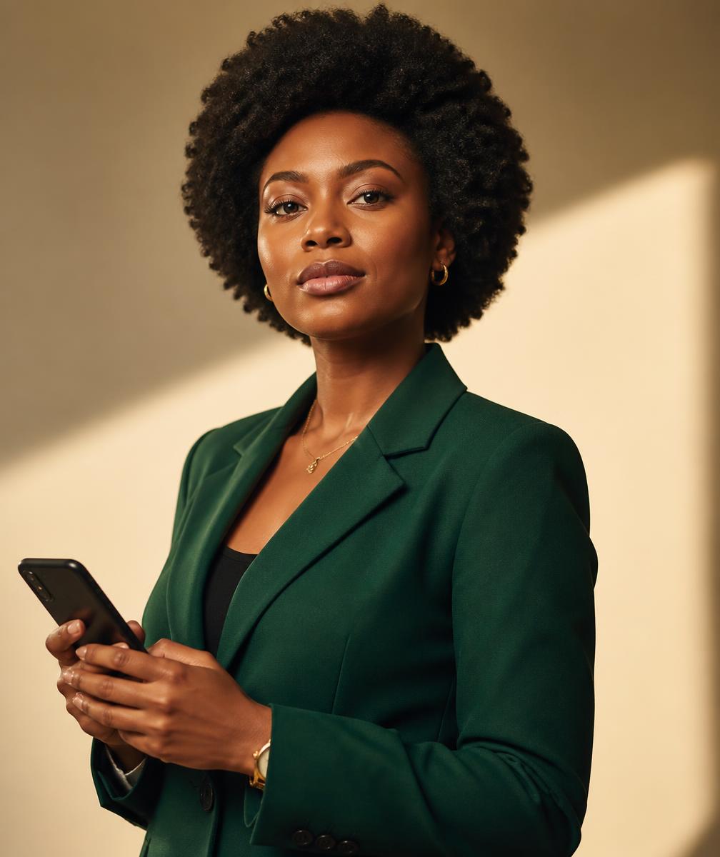 Young African professional joining the NexaCash affiliate program on her phone